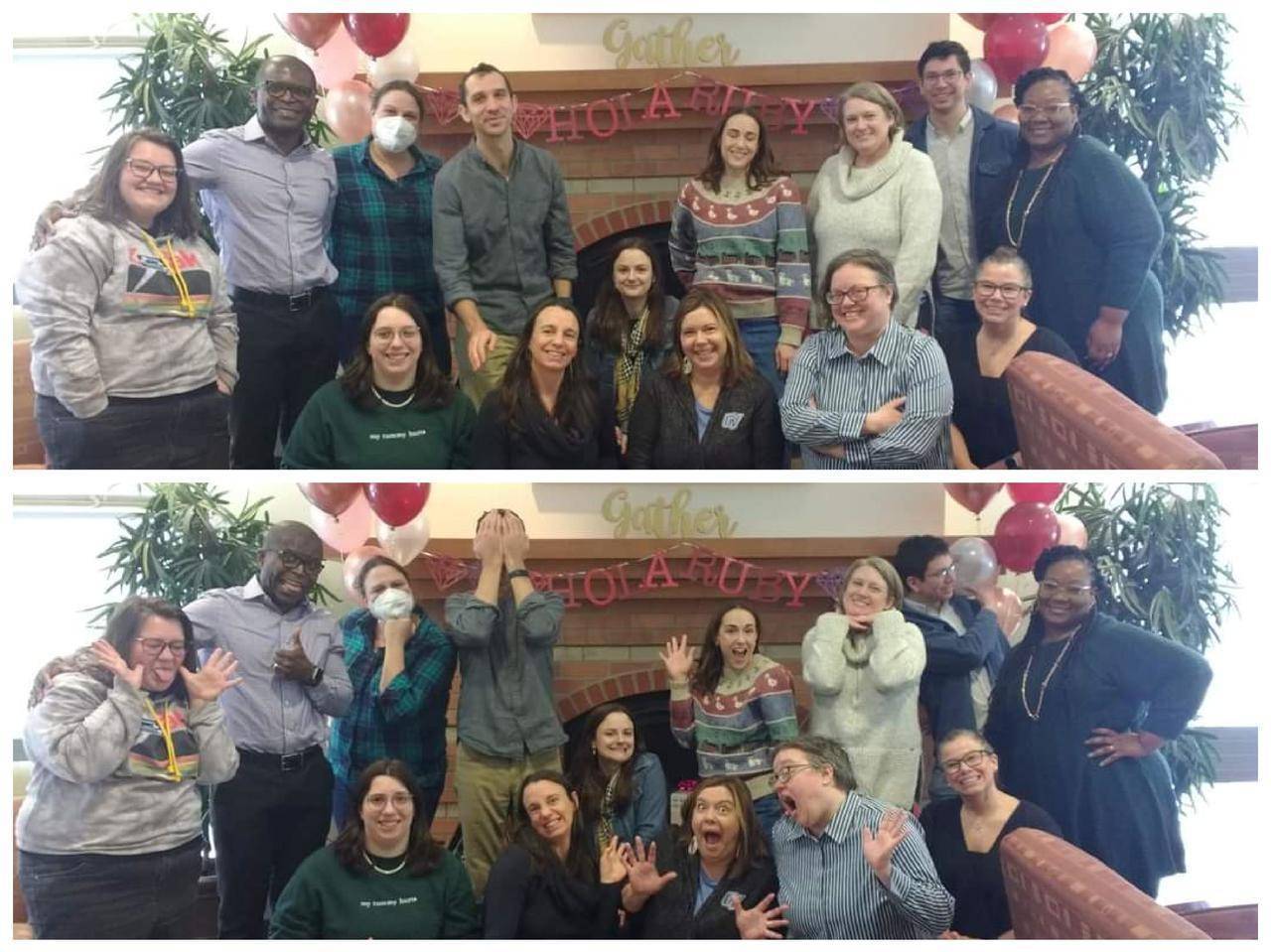 Two photos combined, top photo is the group at the baby shower smiling, and lower photo is the same group making silly faces